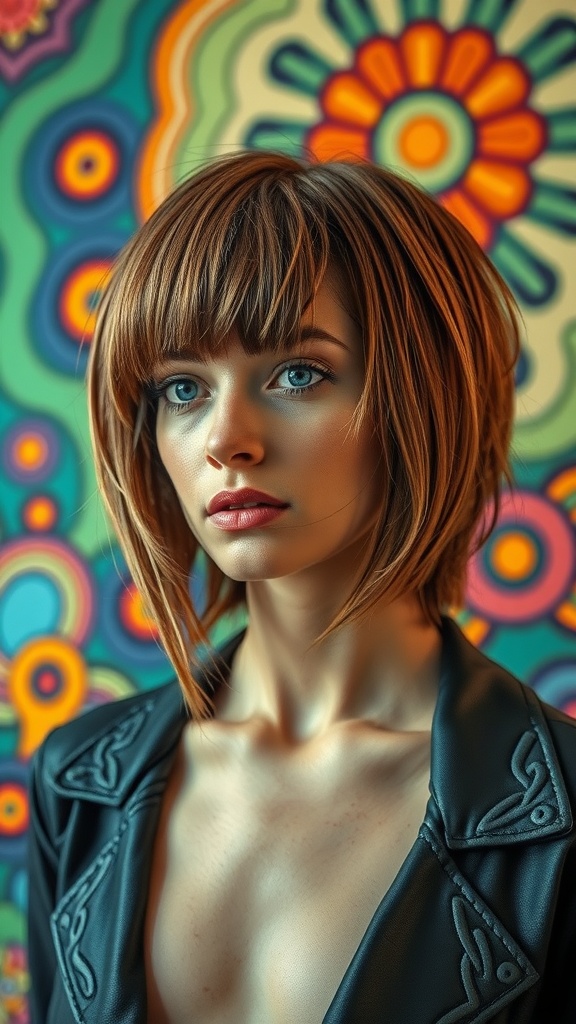 A model with a shag haircut, showcasing a modern take on the iconic 60s hairstyle against a colorful background.