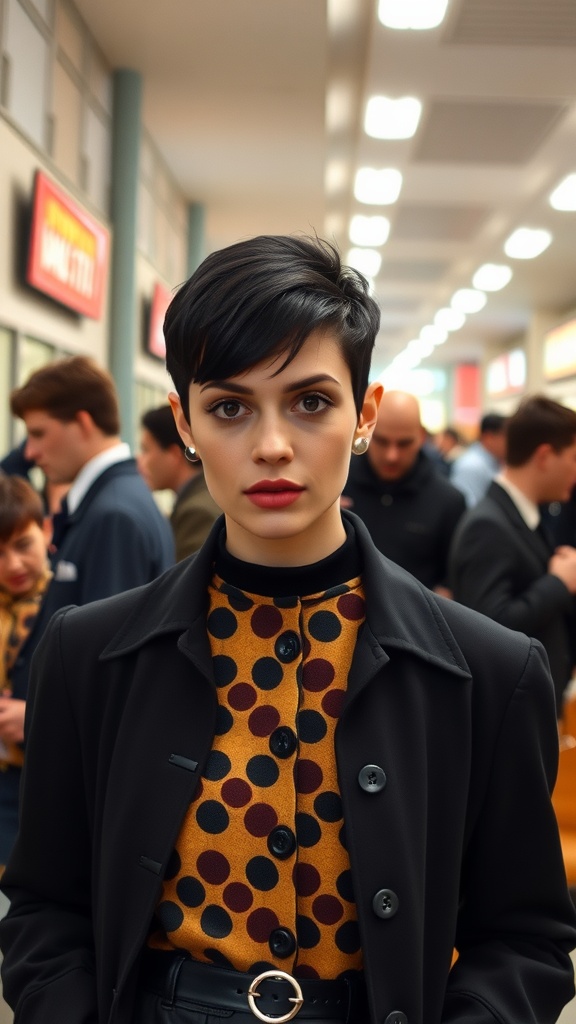 A model with a sleek Mod Pixie Cut, showcasing a vintage 60s hairstyle.