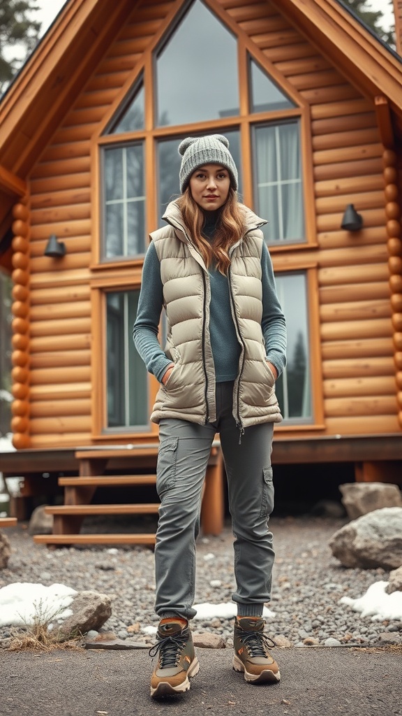 A person wearing thermal leggings and an oversized hoodie, sitting on a couch in a cozy cabin setting.