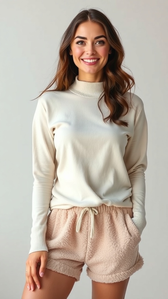 A woman smiling while wearing a cream thermal top and beige lounge shorts.