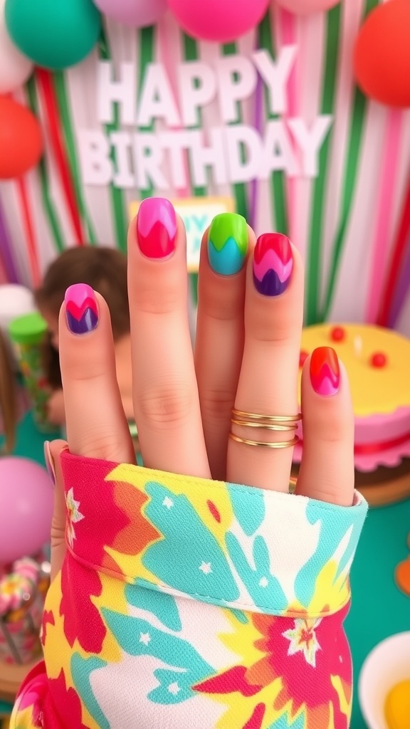 Colorful tie-dye birthday nails with a festive background