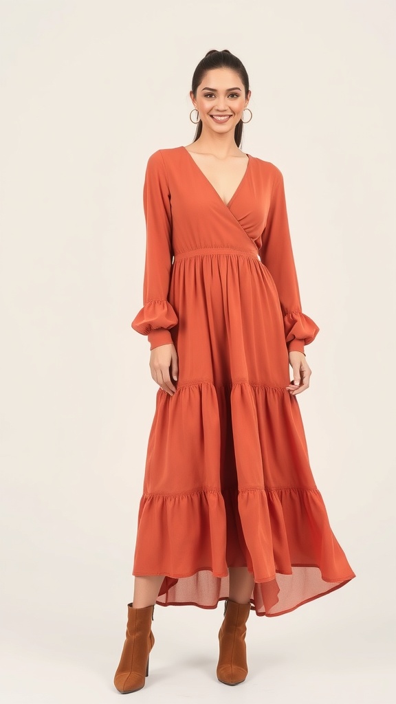 A woman wearing a tiered maxi dress with long sleeves and brown booties, smiling at the camera.