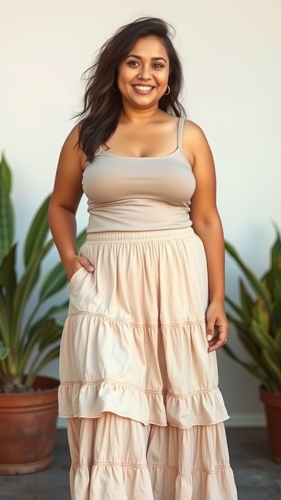 A woman wearing a tiered maxi skirt and fitted tank top, smiling in front of plants.