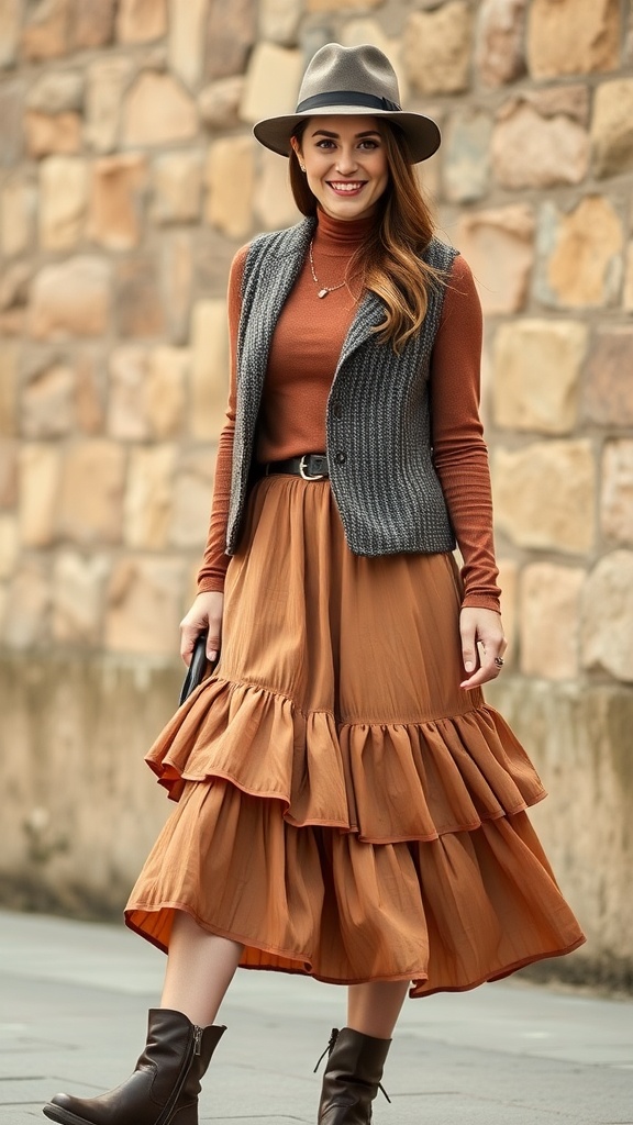 A woman wearing a tiered midi skirt and a knit vest, styled for fall.