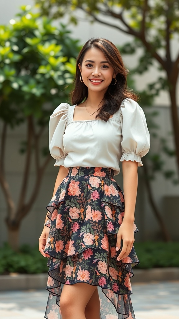A woman smiling while wearing a tiered ruffle skirt with a square neck blouse, surrounded by greenery.