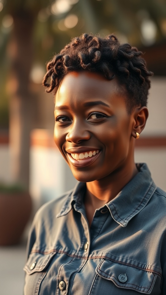 A woman with a tight-coil pixie cut in espresso brown, smiling confidently.