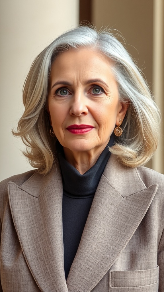 A woman with mid-length silver blonde hair styled in soft waves, wearing a chic outfit.