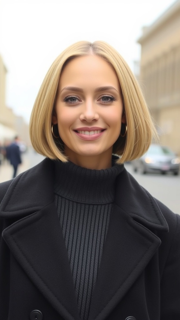 A woman with a toffee blonde blunt bob hairstyle and a center part, wearing a black coat and a ribbed turtleneck.