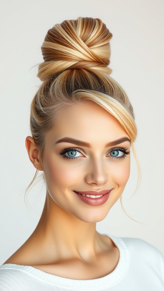 A woman with a top knot hairstyle showcasing blonde hair with brown highlights.