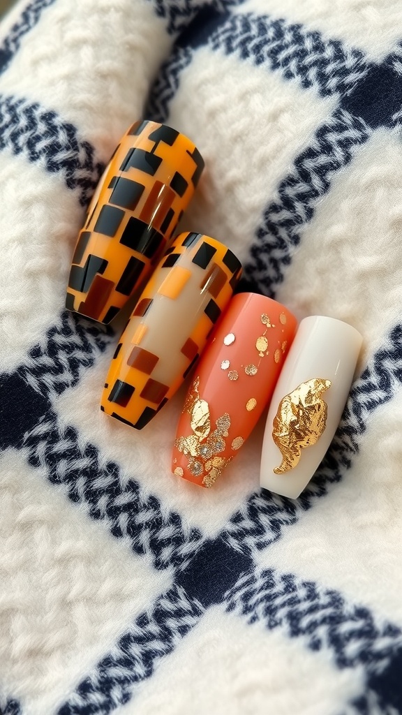 Nail design featuring tortoiseshell patterns and gold foil on a cozy blanket.