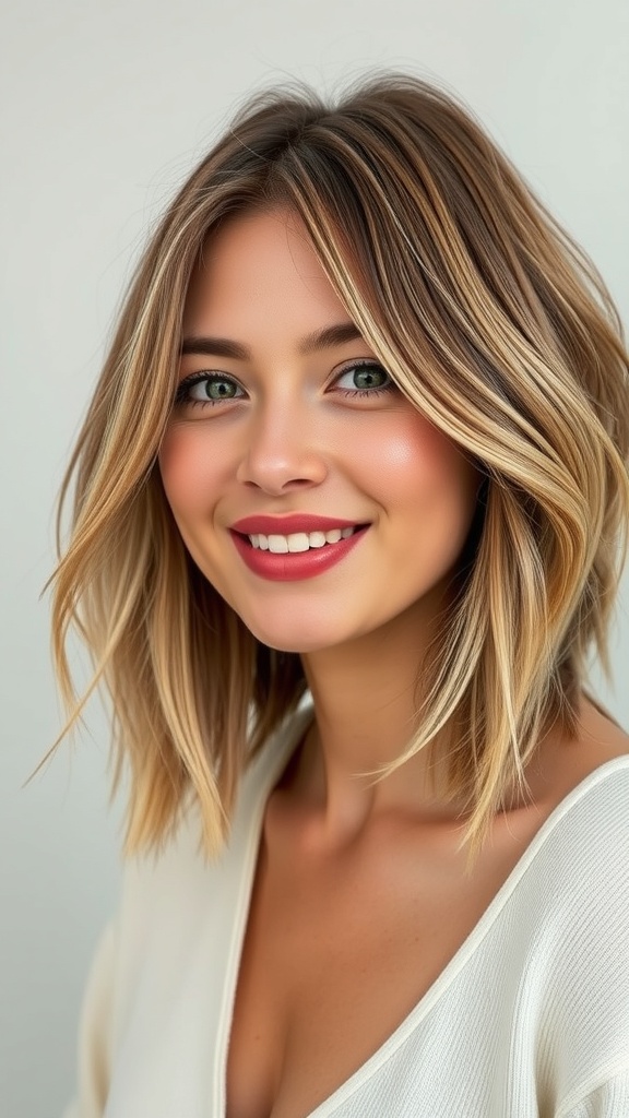 A woman with a tousled bob hairstyle featuring warm brunette lowlights and blonde highlights, smiling at the camera.