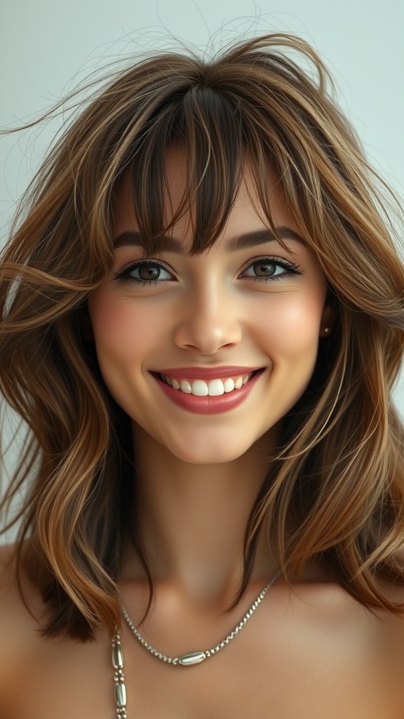 A woman with tousled layers and wispy bangs, smiling at the camera.