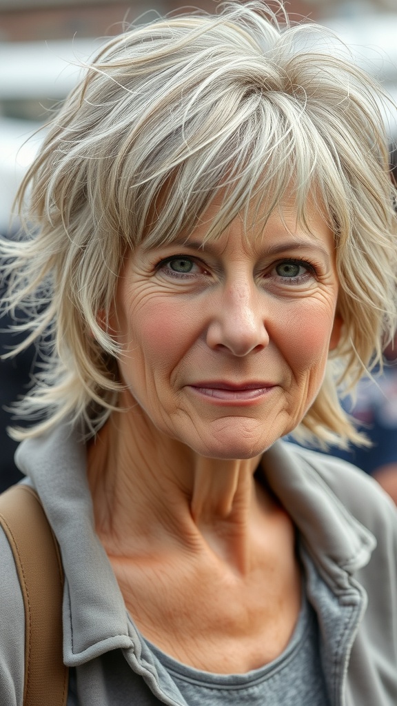A woman with a tousled short shag hairstyle, showcasing layers and a playful look.