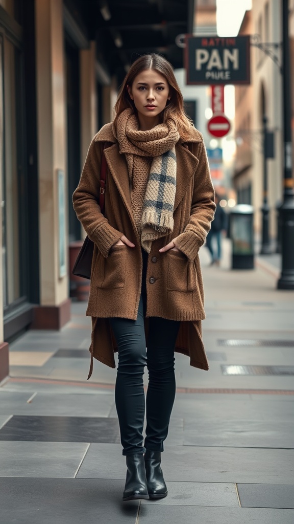 A woman in a brown coat and black pants, wearing ankle boots, walking on a city street.