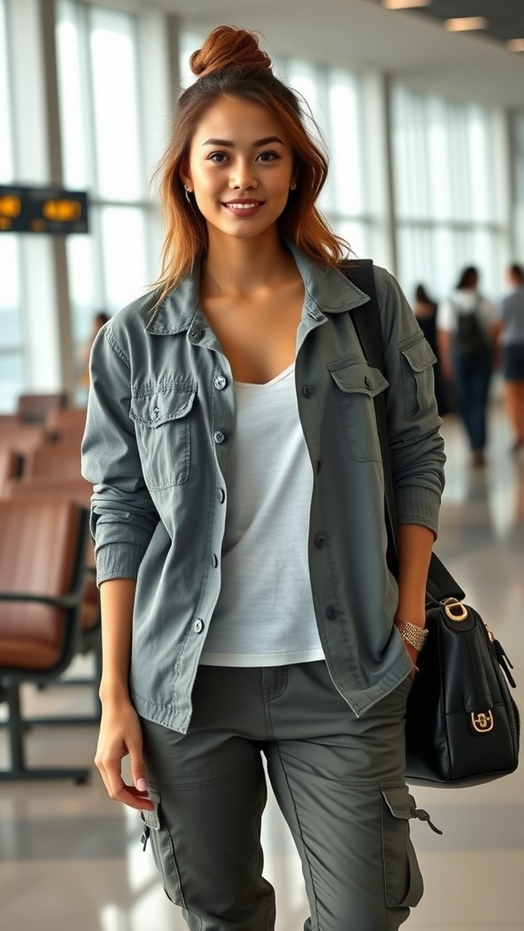 A person wearing a gray utility jacket with a white t-shirt and cargo pants walking in an airport.