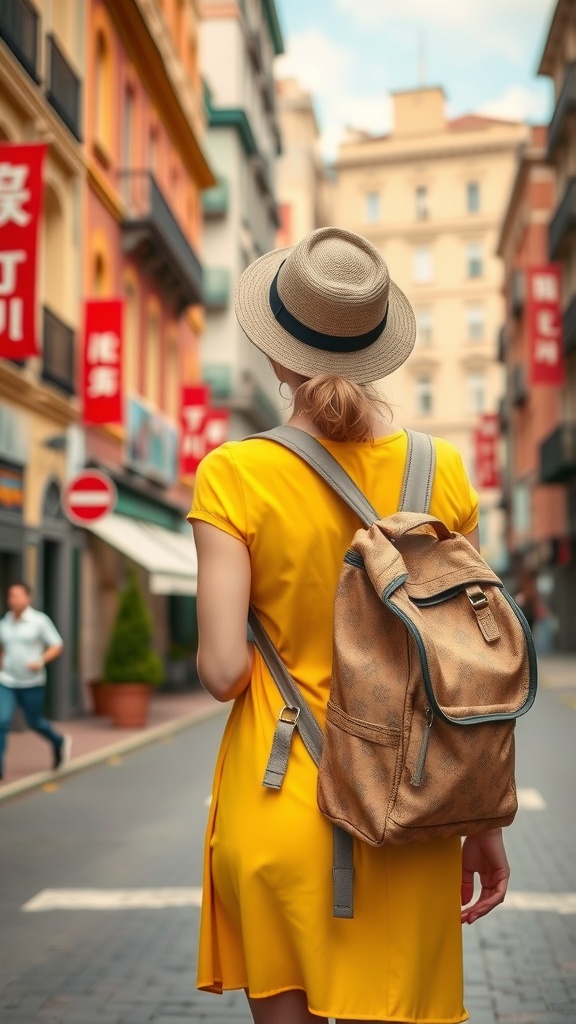 A woman in a butter yellow dress and a straw hat, carrying a backpack, walking in a colorful street.