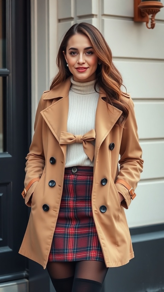 A woman wearing a camel trench coat over a white turtleneck and plaid skirt, standing outside a building.