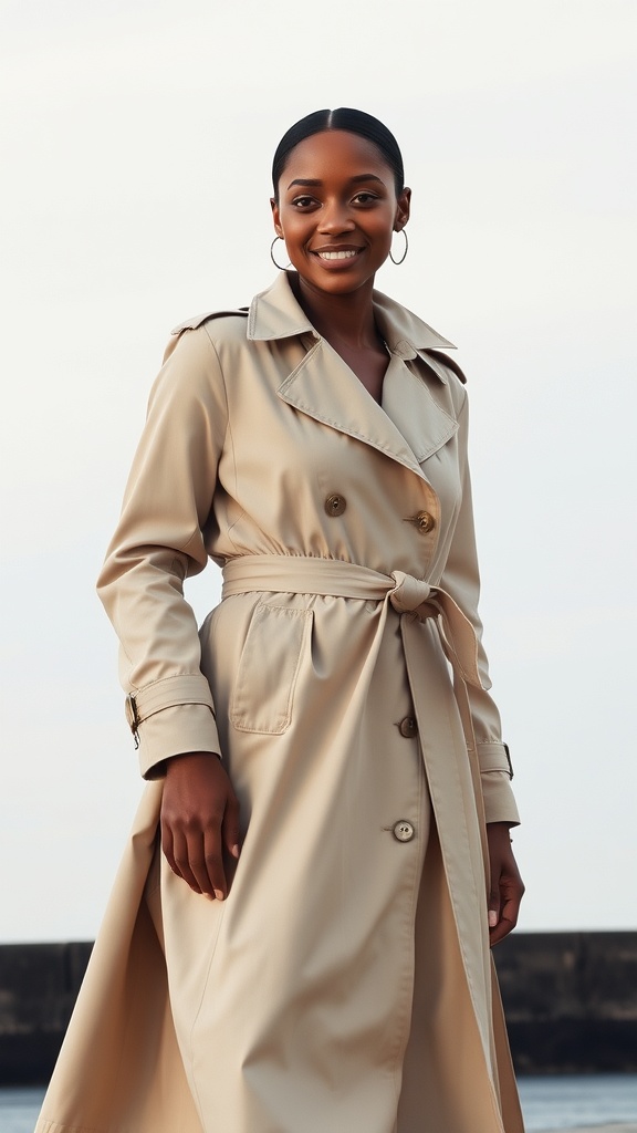A woman wearing a beige trench coat dress and white shark boots, smiling confidently.