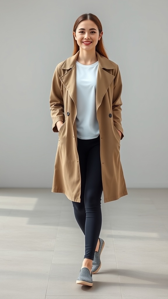 A woman wearing a beige trench coat over a white tee and black leggings, smiling and standing in a bright indoor space.