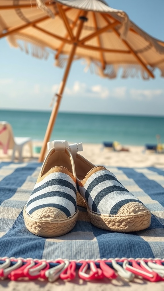 A pair of striped espadrilles on a beach blanket with a seaside view