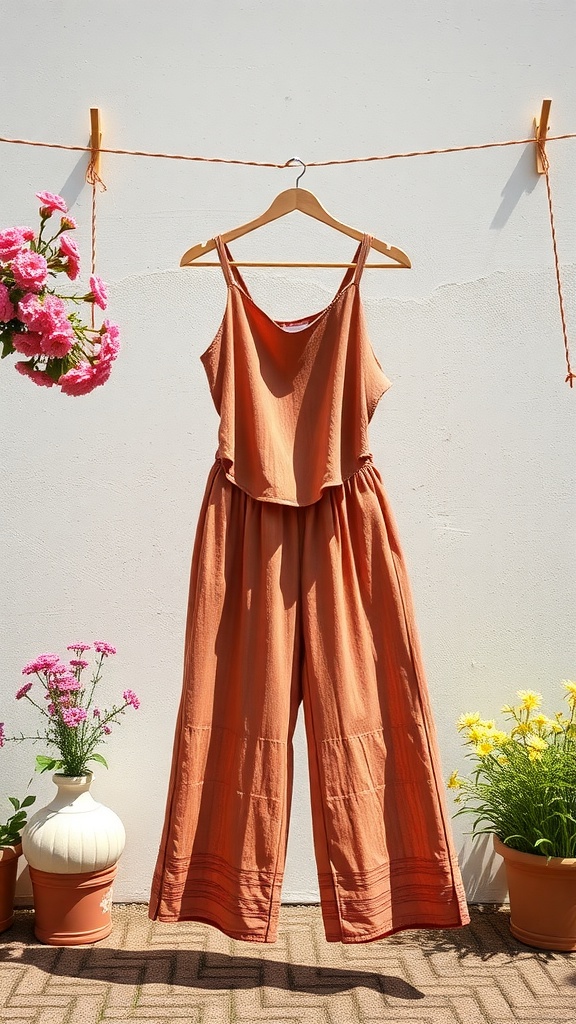 A pair of trendy palazzo pants and a tank top hanging against a white wall, surrounded by colorful flowers in pots.