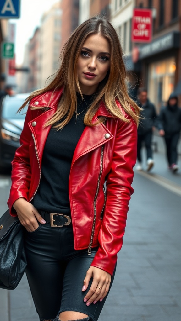 A person wearing a red leather jacket and black outfit walking down a city street.