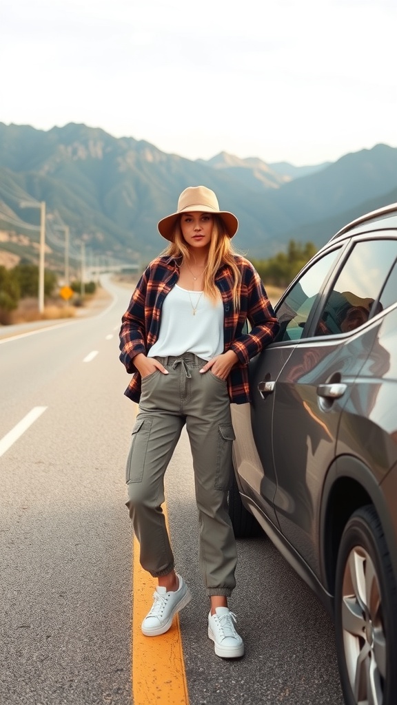 A woman in trendy utility pants and a casual top stands by a car on a scenic road.