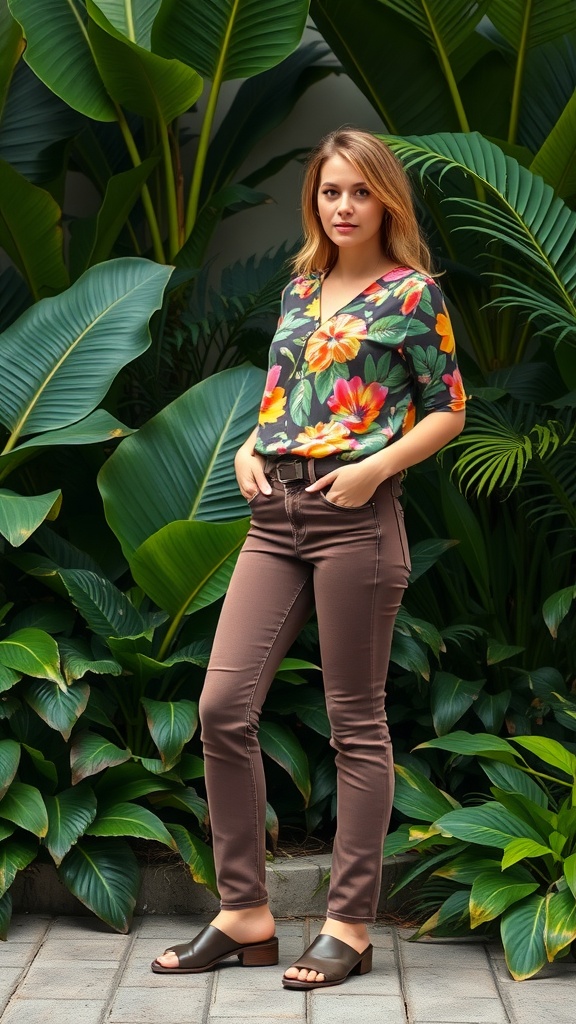 Woman in a floral blouse and brown jeans standing in front of tropical plants
