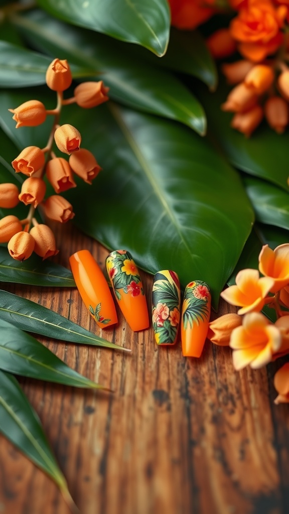 Bright orange nails with floral designs surrounded by tropical flowers and leaves