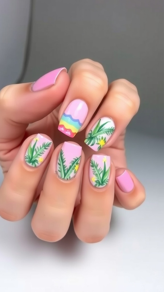 Nails painted in soft pink with tropical designs featuring palm leaves and colorful accents.