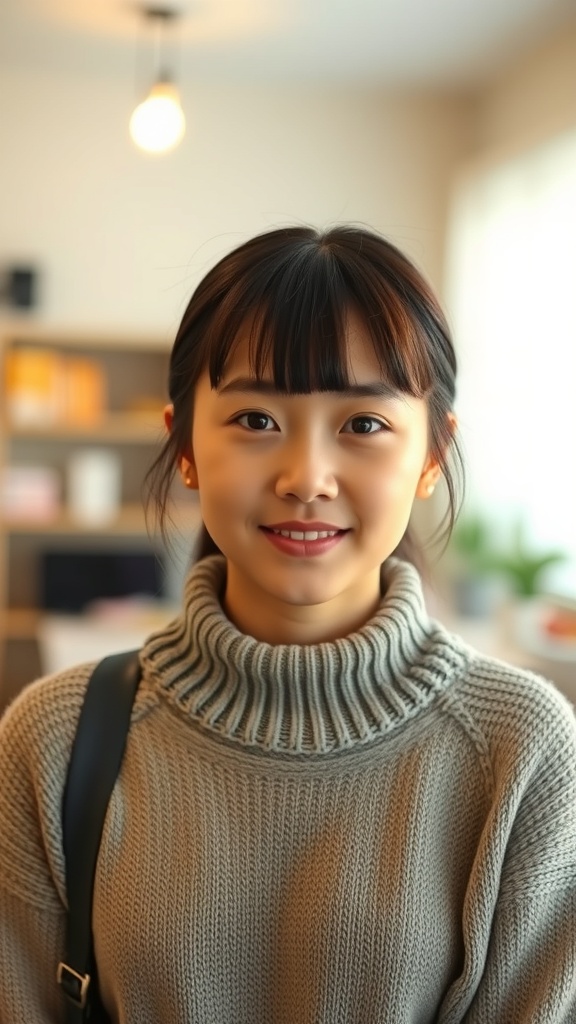 A young woman with a tucked-in bob hairstyle, wearing a cozy sweater, smiling at the camera.