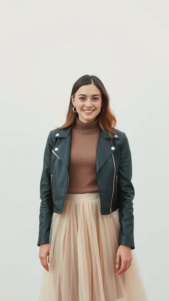 A model wearing a light beige tulle skirt, dark green leather jacket, and brown turtleneck, smiling against a plain background.