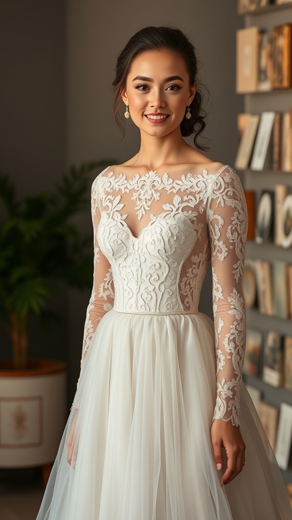 A bride wearing a long sleeve lace wedding dress with a tulle skirt, featuring intricate lace details and a corset top.