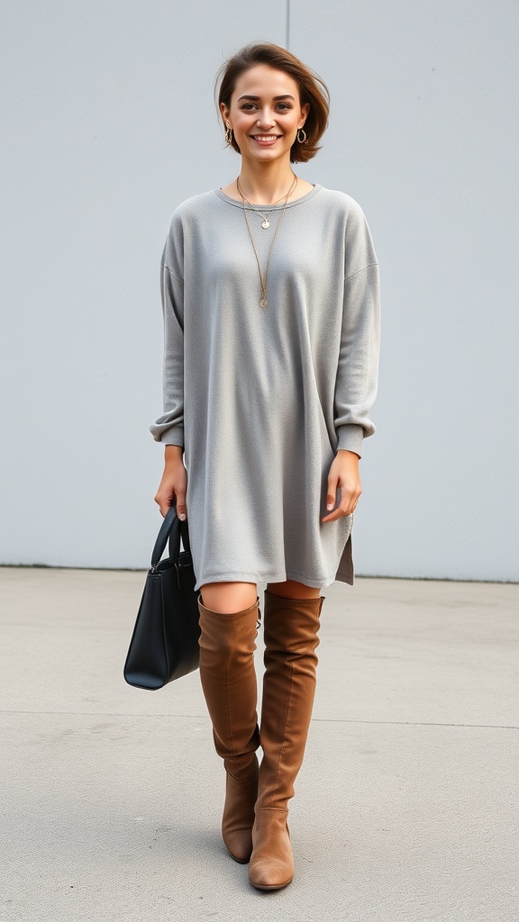 A woman wearing a gray tunic dress and knee-high brown boots, smiling and holding a black handbag.