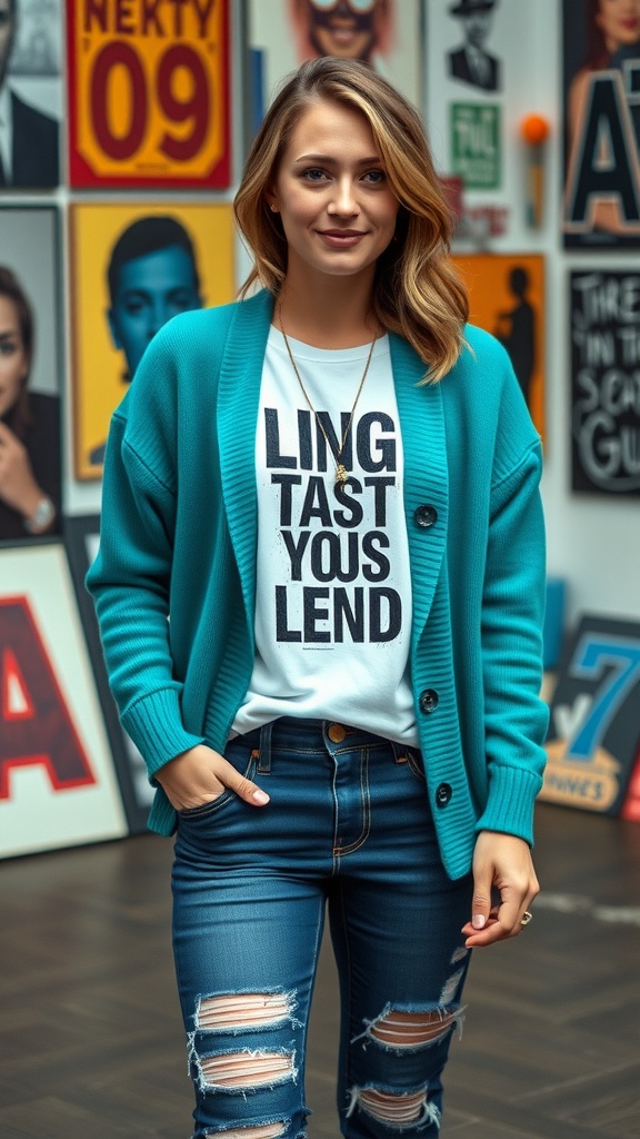 A woman wearing a turquoise cardigan over a graphic tee with distressed jeans, posing in front of a wall with various posters.