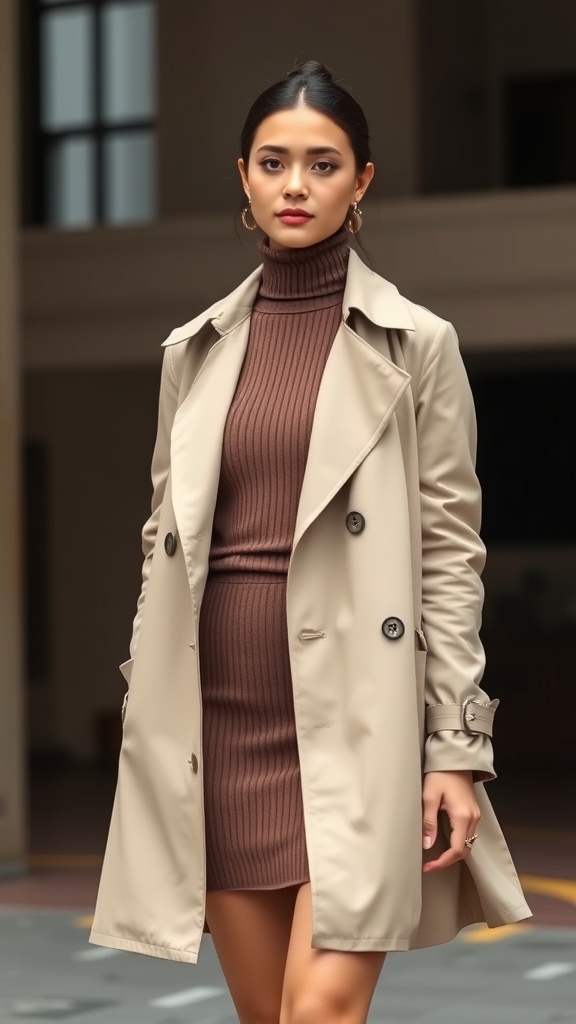 A woman wearing a brown turtleneck and skirt set, layered with a beige trench coat, posing confidently.