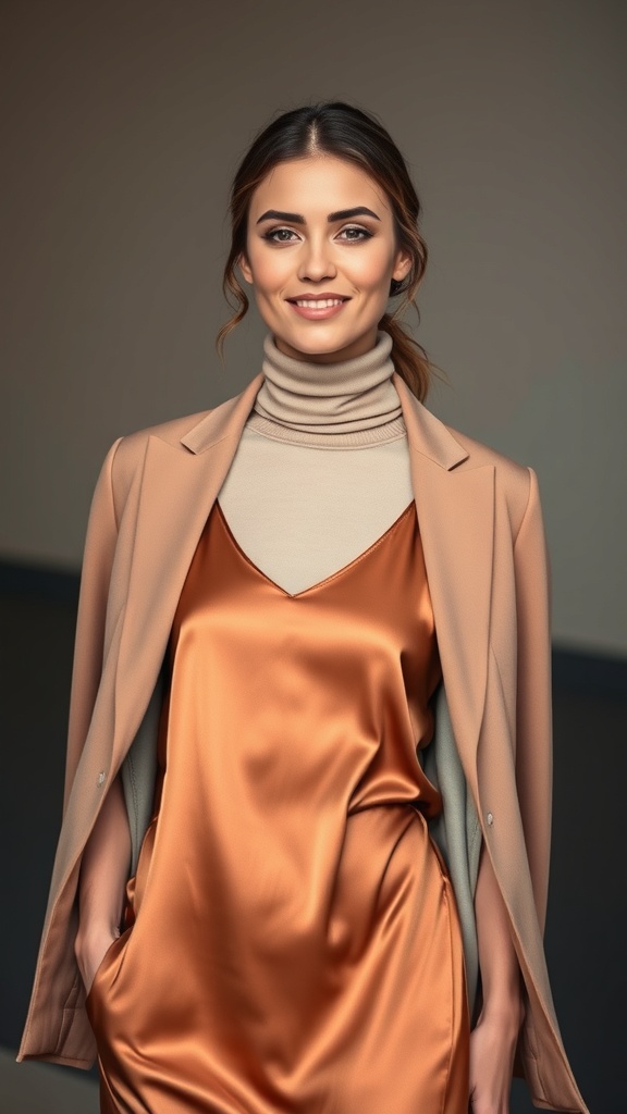 A model wearing a turtleneck under a satin slip dress, styled with a blazer.