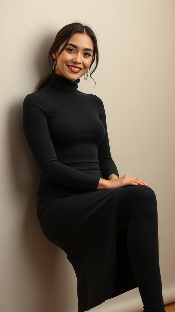 A woman wearing a black turtleneck and sitting gracefully, showcasing a chic fall outfit.