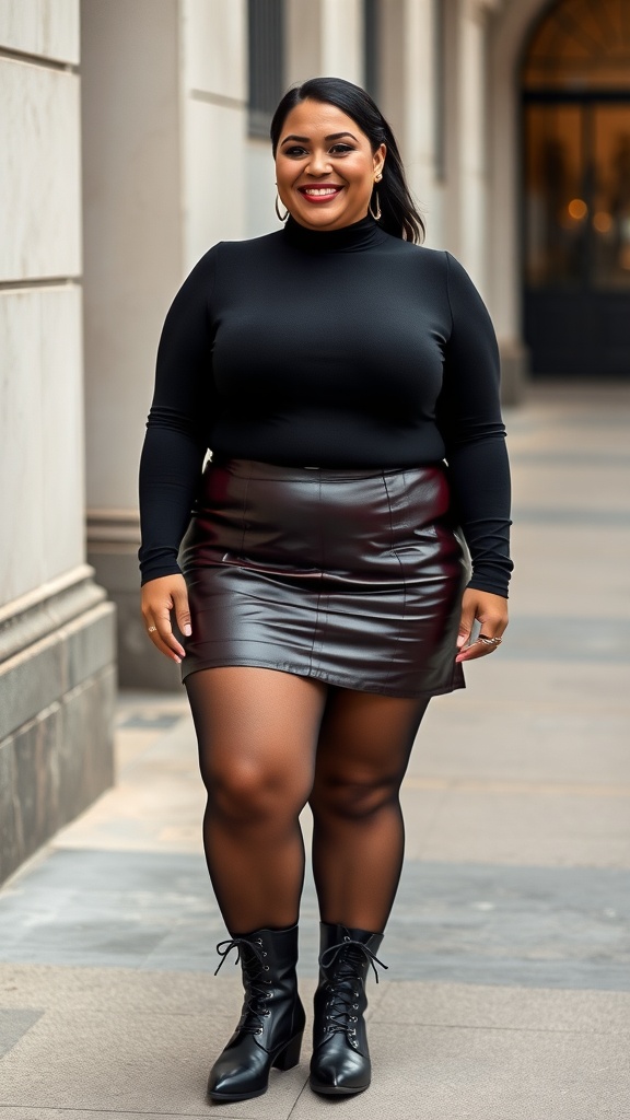 A woman smiling in a black turtleneck bodysuit and a faux leather skirt, paired with tights and stylish boots, standing outdoors.