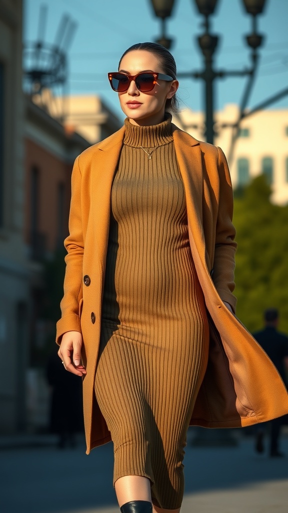 A woman wearing a turtleneck dress with a long coat and loafers, walking confidently in an urban setting.
