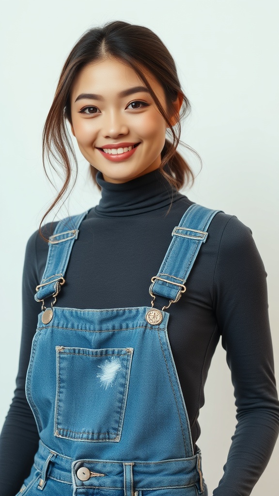 A smiling woman wearing a turtleneck long sleeve top and denim overalls.