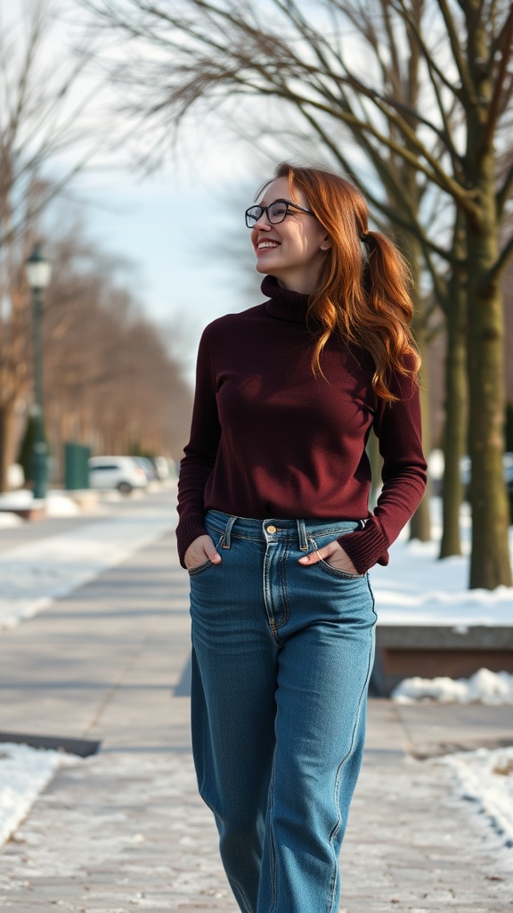 A woman wearing a burgundy turtleneck sweater and light blue baggy jeans, walking in a park during winter.
