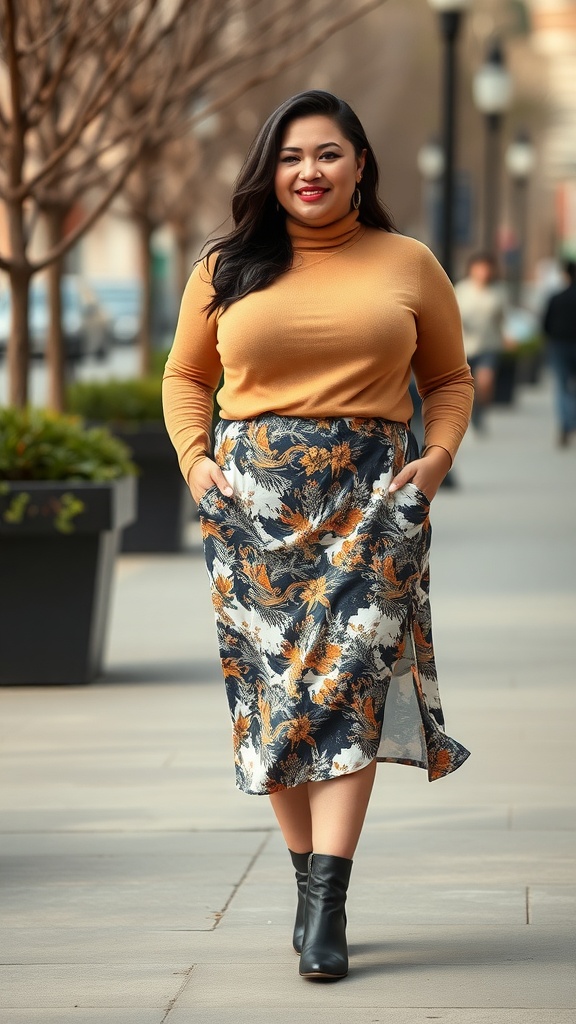 A woman wearing a mustard turtleneck sweater, floral slip skirt, and black ankle boots, smiling while walking on a city street.