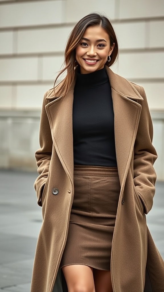 A woman wearing a turtleneck top, corduroy skirt, and long coat, smiling outdoors.