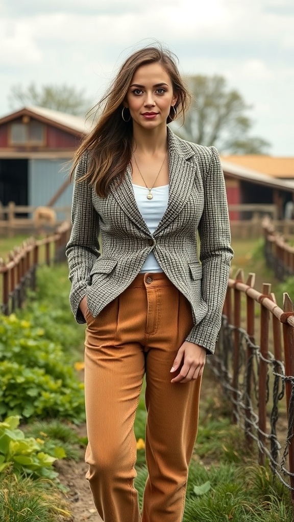 A woman wearing a tweed blazer and corduroy pants, standing in a farm setting.