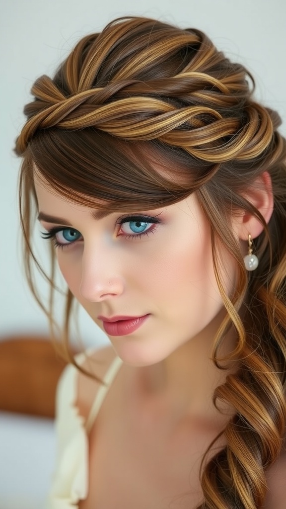 A woman with a twisted crown hairstyle featuring loose strands, showcasing a romantic and chic look for short hair.