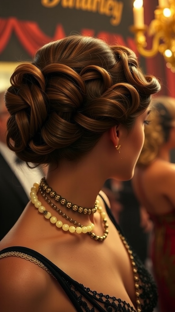 A woman with a twisted half-up hairstyle, adorned with vintage jewelry, showcasing a glamorous 1920s look.