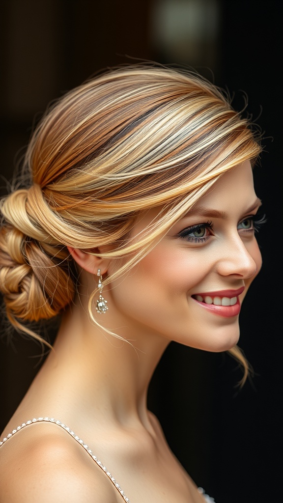 A woman with copper hair and blonde highlights styled in a twisted low bun, smiling elegantly.