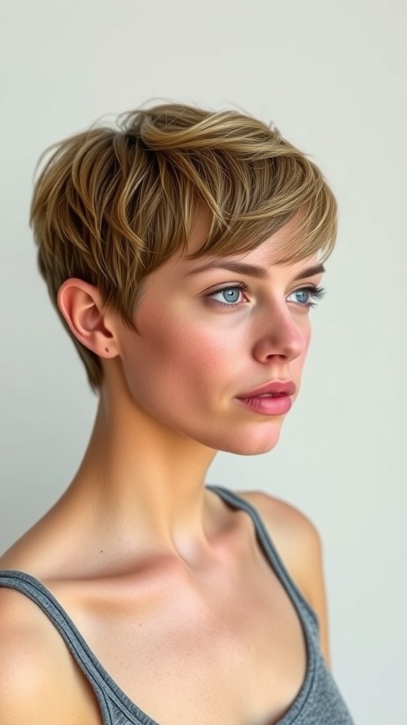 A woman with a stylish ultra-short buzzed pixie haircut, showcasing soft layers and a modern look.