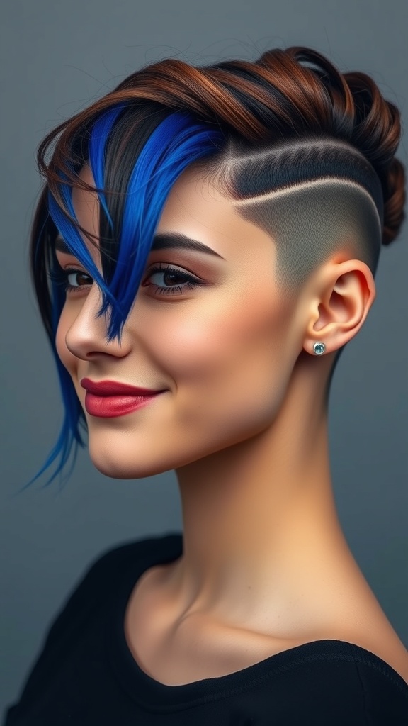 A woman with an undercut hairstyle featuring brown hair and bold blue panels, showcasing a stylish and edgy look.